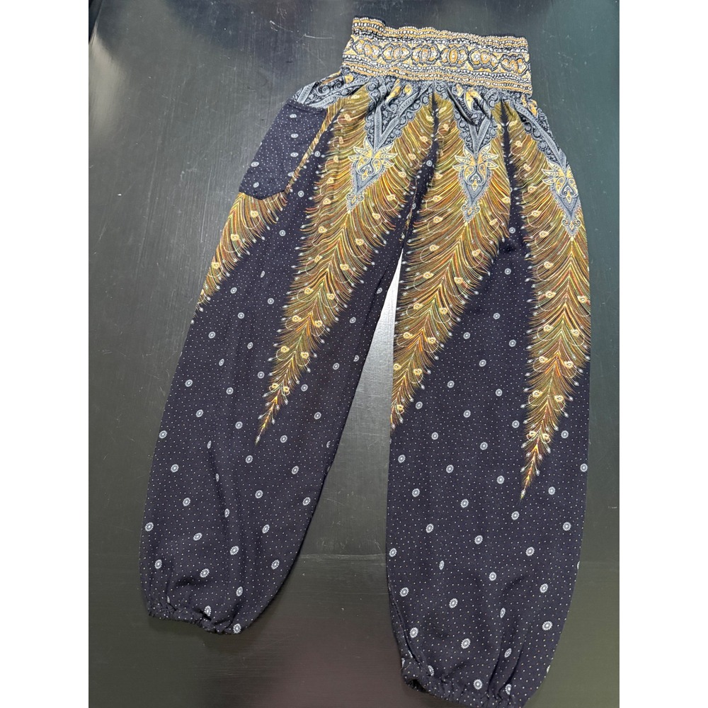 Tamsy Womens Peacock Feather Print Harem Pants Smocked Waist Boho Navy Blue